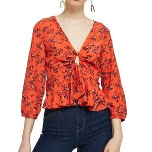 NWOT Topshop Size 4 Orange Red Peplum Floral Cropped Top Bell Sleeve Blouse